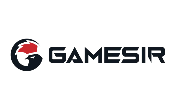 Logo da marca GameSir, apresentando um design moderno com uma letra estilizada em preto e um detalhe vermelho.