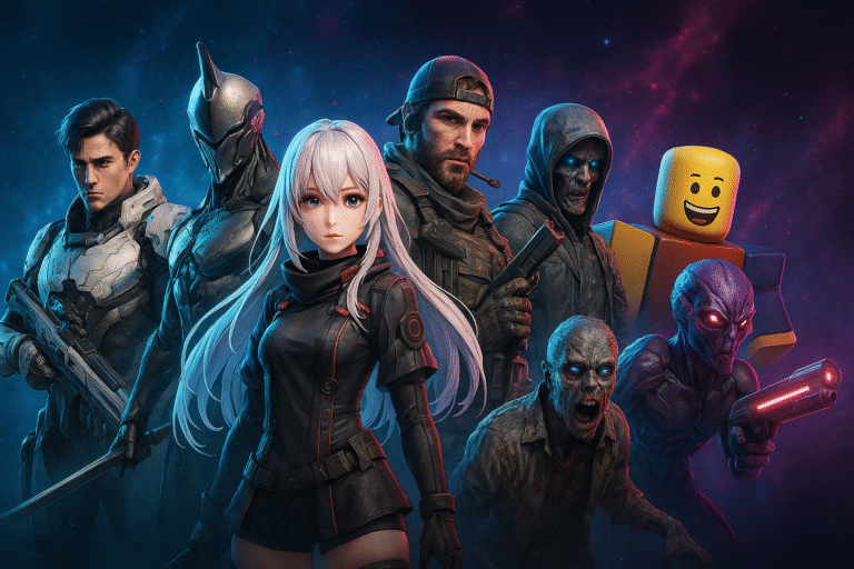 Capa com personagens dos jogos gratuitos em destaque em 2025, incluindo heróis futuristas, soldados, zumbis, alienígenas e avatar de Roblox, em fundo cósmico com tons de azul e rosa.