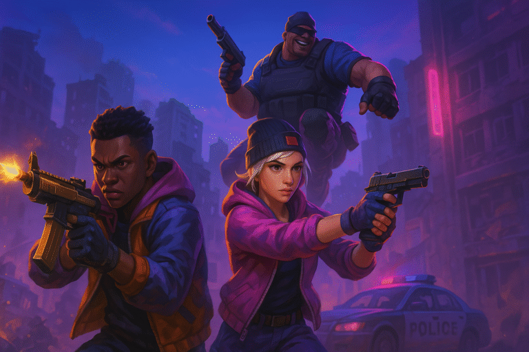 Personagens armados em ação num cenário urbano neon, com luzes roxas e azuis.