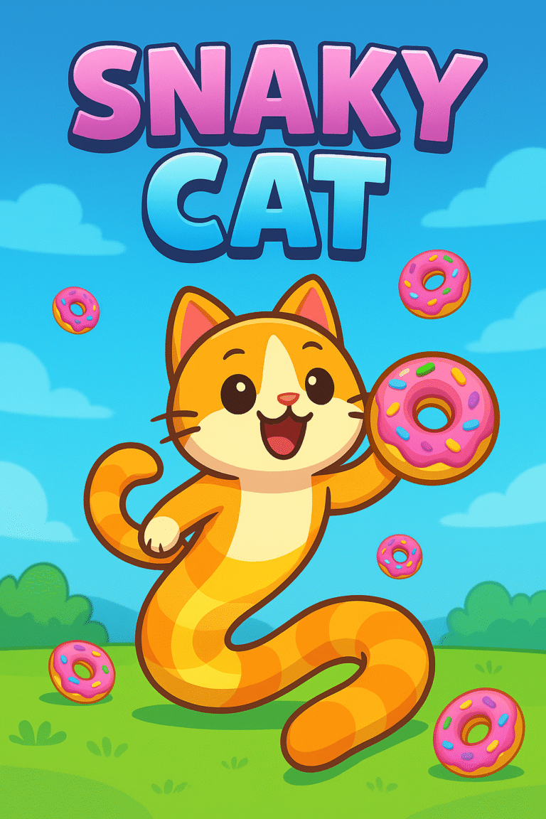 Gato laranja com corpo de cobra segurando um donut rosa, sorrindo em um campo verde com céu azul e vários donuts flutuando ao redor.