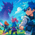 Ilustração em estilo anime com quatro aventureiros armados enfrentando um monstro gigante em um cenário de fantasia colorido, com céu azul e montanhas ao fundo.