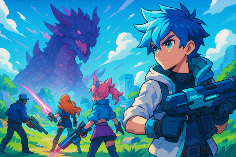 Ilustração em estilo anime com quatro aventureiros armados enfrentando um monstro gigante em um cenário de fantasia colorido, com céu azul e montanhas ao fundo.