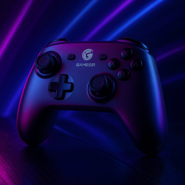Controle GameSir T4 em destaque com iluminação neon azul e roxa sobre fundo escuro, evidenciando seu design moderno e acabamento fosco.