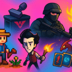 Ilustração digital com fundo em tons vibrantes de rosa e azul. À esquerda, um fazendeiro pixelado de Stardew Valley segura uma enxada ao lado de uma planta. Atrás dele, uma cabine de fronteira representa Papers, Please. Ao centro, Wilson, de Don't Starve, segura uma tocha. À direita, um soldado de Counter-Strike empunha um rifle, e abaixo dele há um dragão vermelho com três cartas mágicas representando Slay the Spire. A imagem une personagens e elementos icônicos de jogos leves para PC.