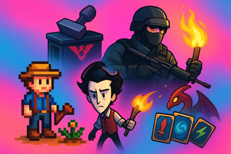 Ilustração digital com fundo em tons vibrantes de rosa e azul. À esquerda, um fazendeiro pixelado de Stardew Valley segura uma enxada ao lado de uma planta. Atrás dele, uma cabine de fronteira representa Papers, Please. Ao centro, Wilson, de Don't Starve, segura uma tocha. À direita, um soldado de Counter-Strike empunha um rifle, e abaixo dele há um dragão vermelho com três cartas mágicas representando Slay the Spire. A imagem une personagens e elementos icônicos de jogos leves para PC.