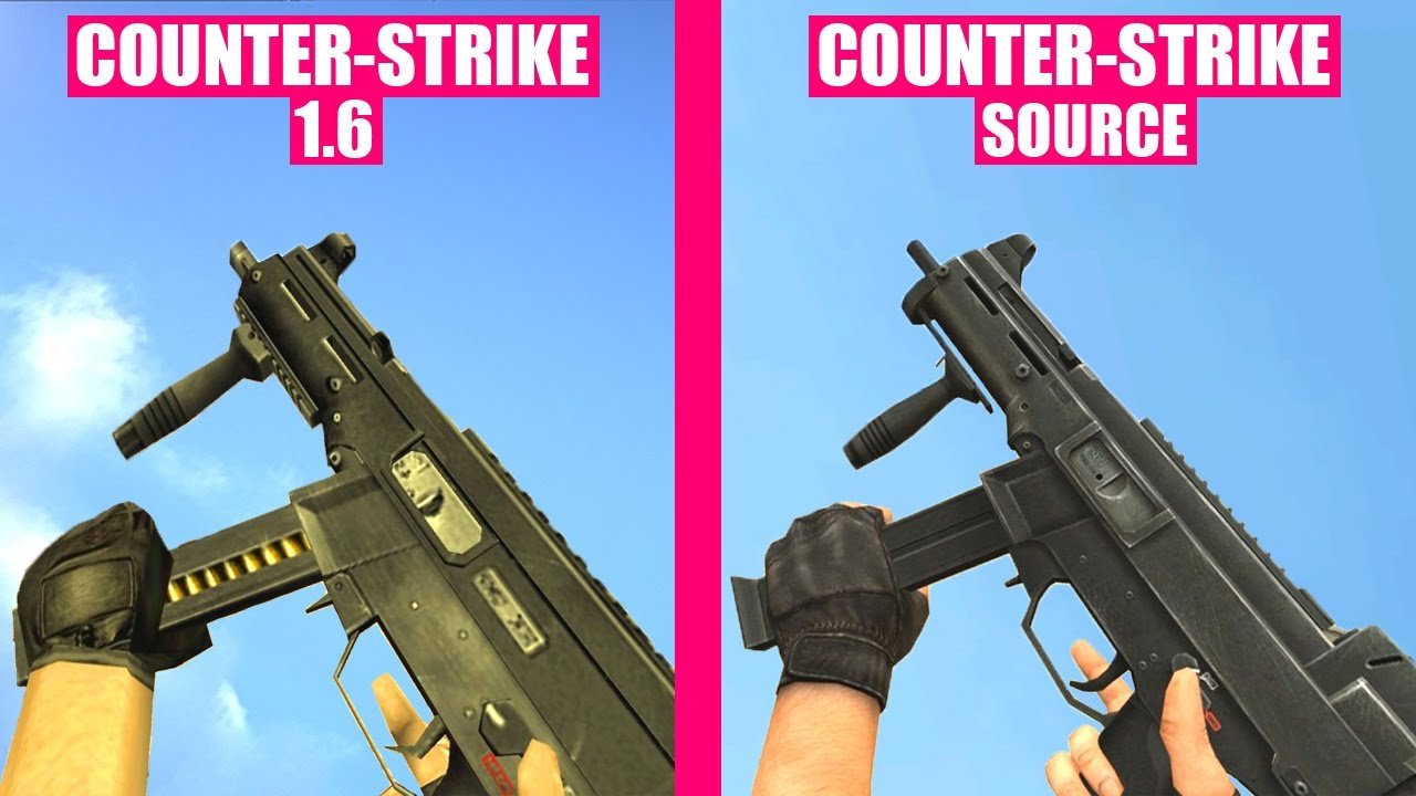 Imagem comparativa entre Counter-Strike 1.6 e Counter-Strike Source, mostrando armas em destaque com fundo azul e rosa.