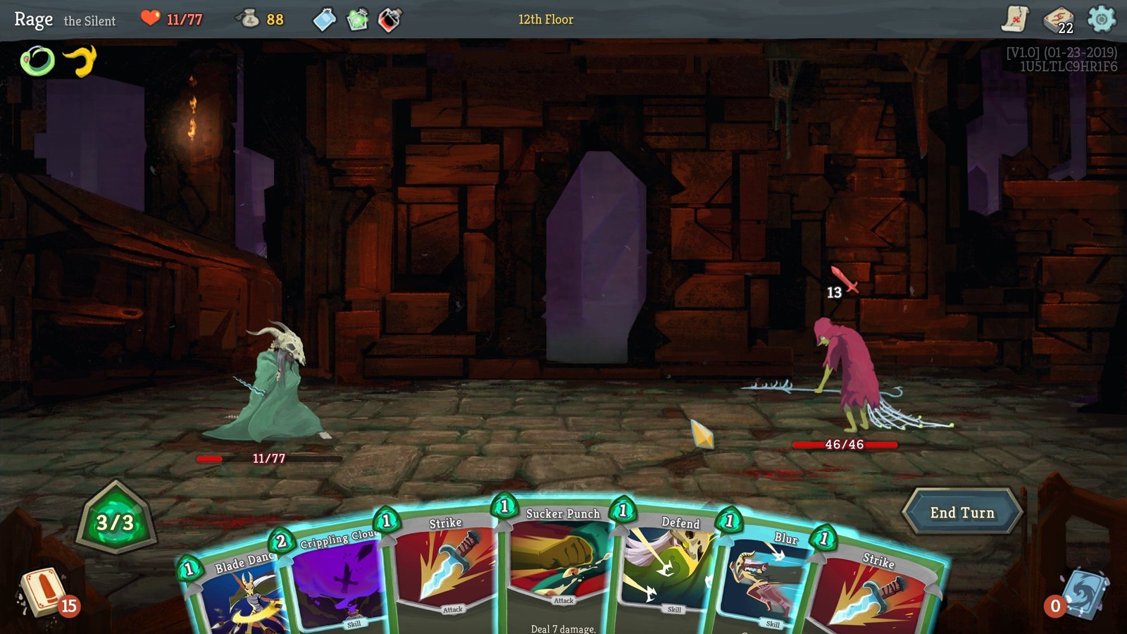 Captura de tela do jogo Slay the Spire, mostrando uma luta entre o personagem Rage e um adversário em um cenário escuro e estilizado, com cartas de ação disponíveis na parte inferior.