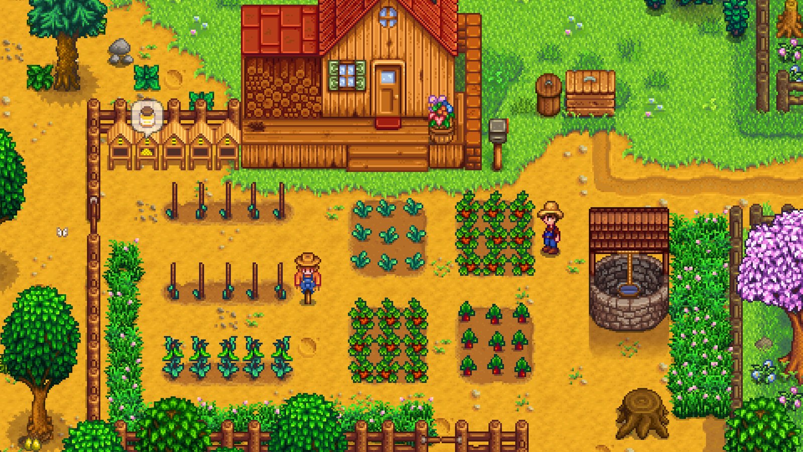 Uma fazenda colorida em estilo pixel art, com uma casa de madeira, um lago, plantações organizadas e um personagem jogando no meio do campo.