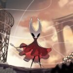 Arte oficial de Hollow Knight: Silksong mostrando a personagem Hornet em destaque, vestida de vermelho e segurando sua agulha, pronta para enfrentar novos desafios no reino de Pharloom.