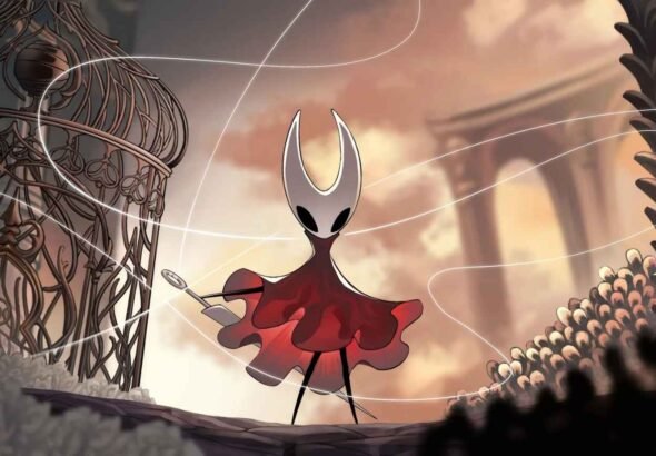 Arte oficial de Hollow Knight: Silksong mostrando a personagem Hornet em destaque, vestida de vermelho e segurando sua agulha, pronta para enfrentar novos desafios no reino de Pharloom.