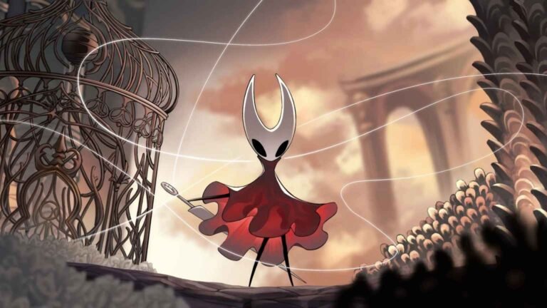 Arte oficial de Hollow Knight: Silksong mostrando a personagem Hornet em destaque, vestida de vermelho e segurando sua agulha, pronta para enfrentar novos desafios no reino de Pharloom.